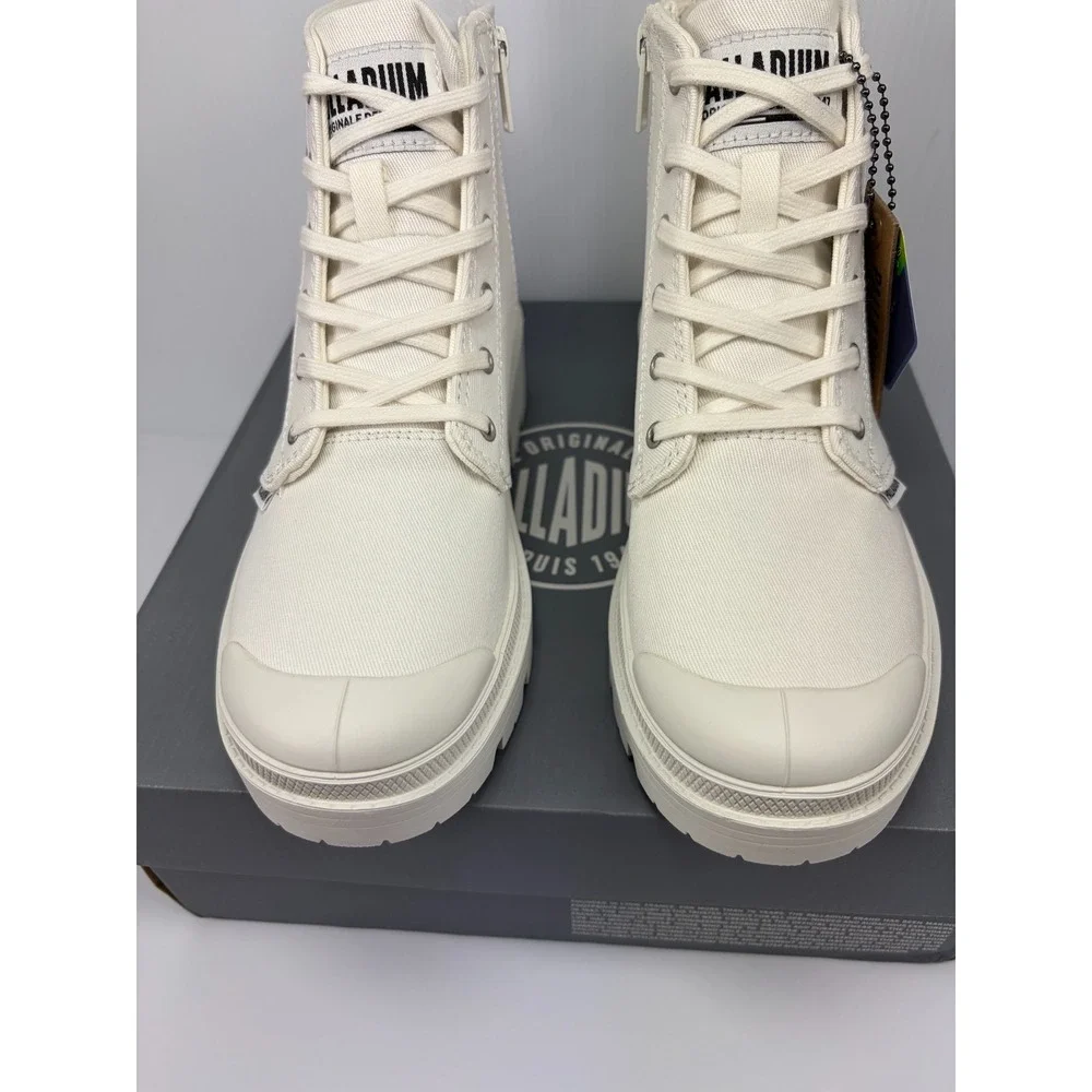 Palladium Pallabase Twill Womens 10 Star White Platform Combat Boots Side Zip